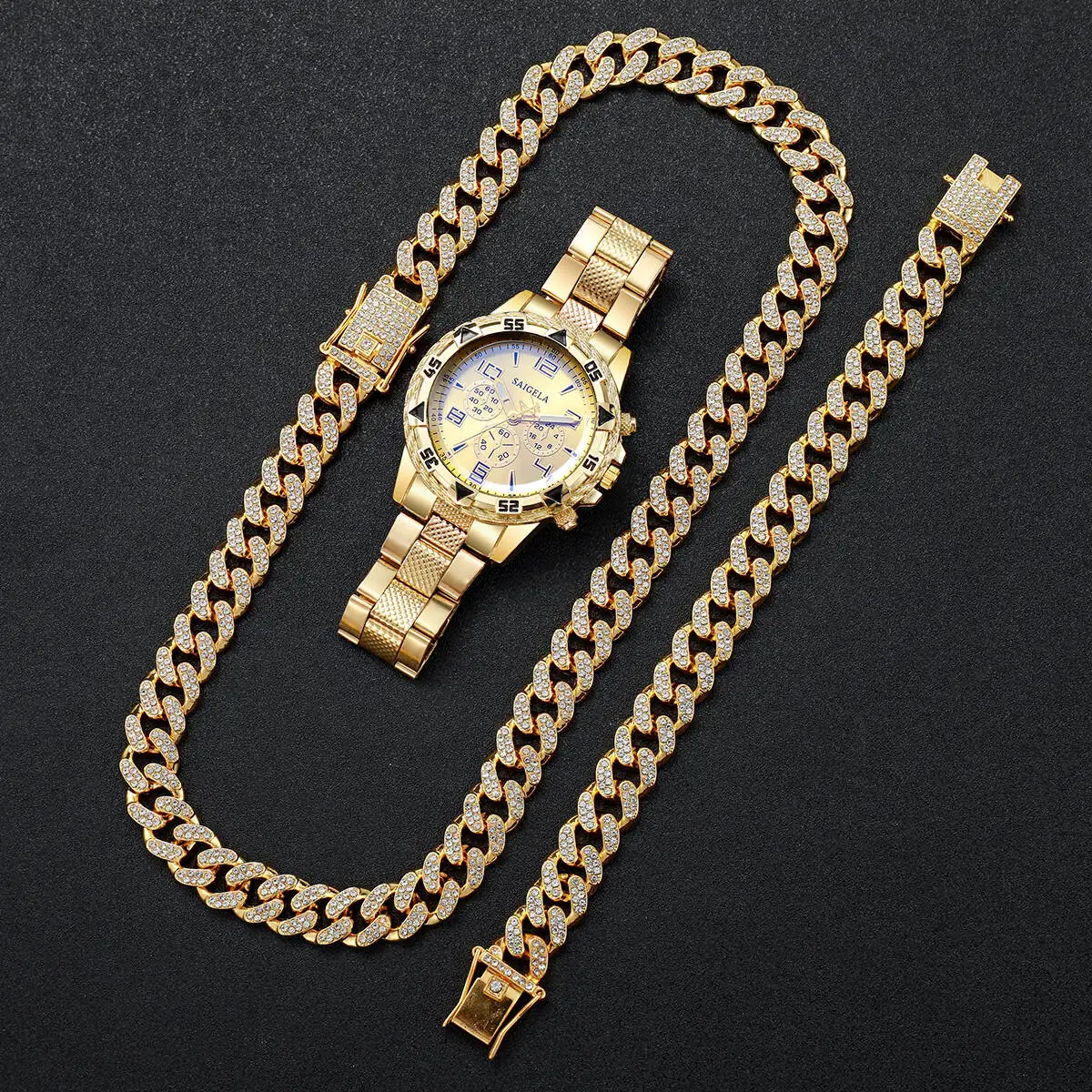 

3 шт. модные мужские деловые часы, роскошные мужские кварцевые часы с большим циферблатом, браслет в стиле хип-поп со стразами, ожерелье, комплект Relogio Masculino