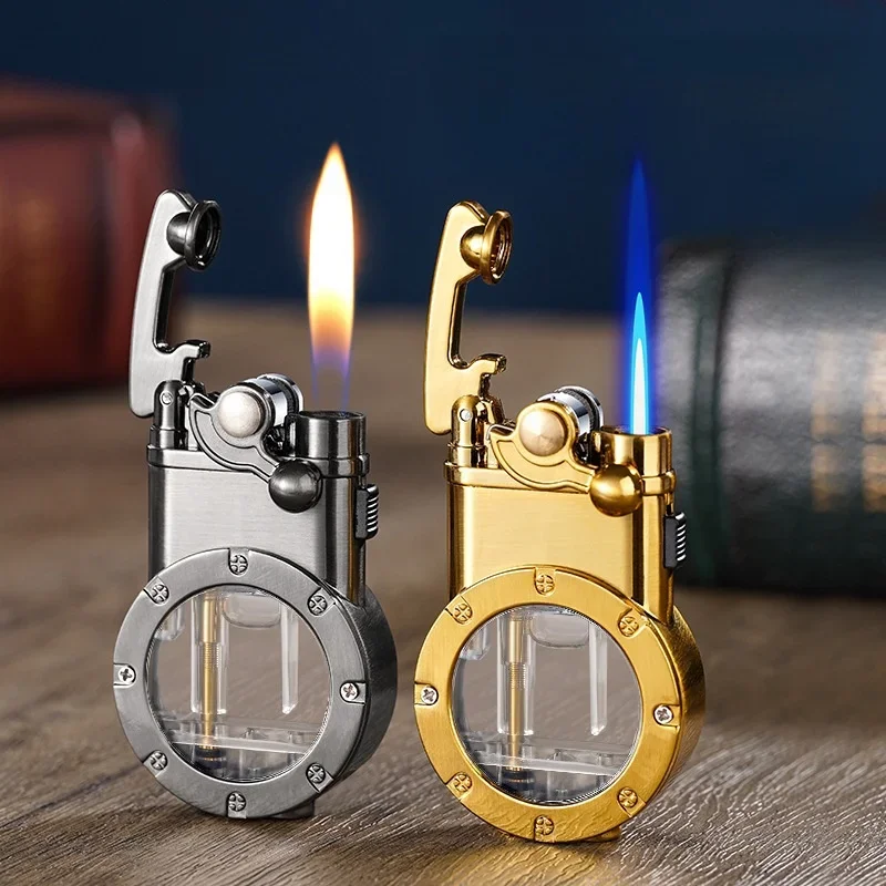 Rocker Arm Dual Fire Butane Gas Lighter Metal Visible Gas Window Jet Flame Switching Open Flame Cigar Lighters Smoking