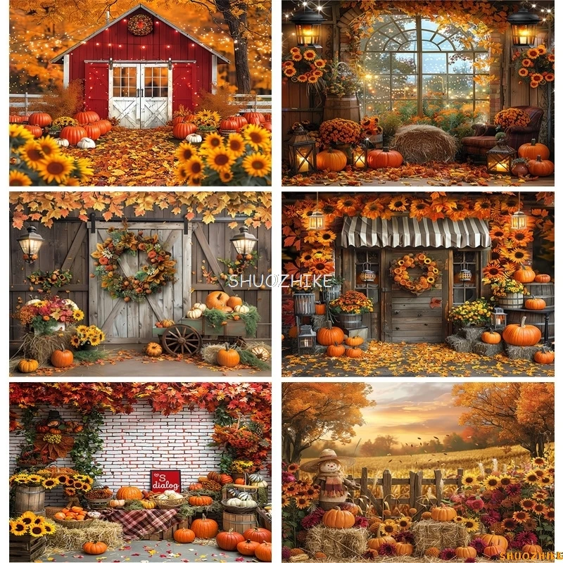 

Autumnal Pumpkins Farm Photography Backdrops Props Halloween Fall Field Maple Leaf Scarecrow Fence Photo Studio Background FM-06