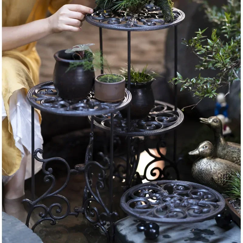 Living Room Standing Bonsai Frame 2-Layer Cast Iron Plant Shelves, Creative Balcony Flower Pot Stool Hollow Out Decorative Shelf