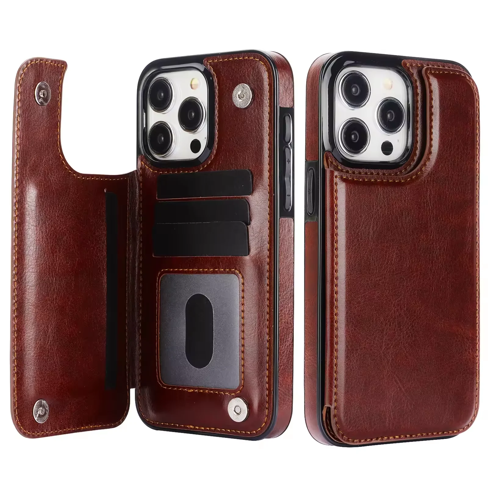 Brieftasche Doppelknopf Kartensteckplatz Ständer Flip Ledertasche für IPhone 17 16e 16 Pro Max 15 Plus 14 13 12 Mini 11 SE3 SE2