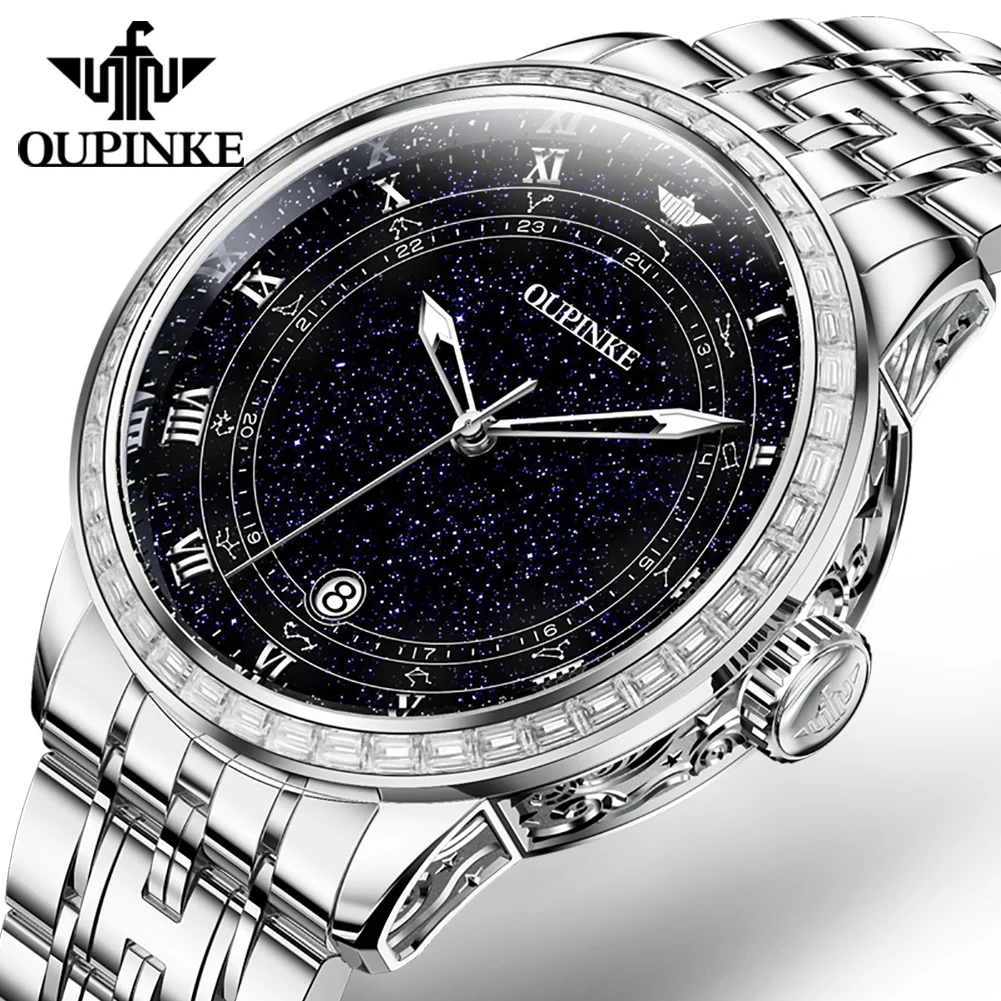 OUPINKE 3203 Men's Watches Exclusive 12 Constellations Diamond Starry Sky Luxury Brand Man Watch Original Mechanical Wristwatch