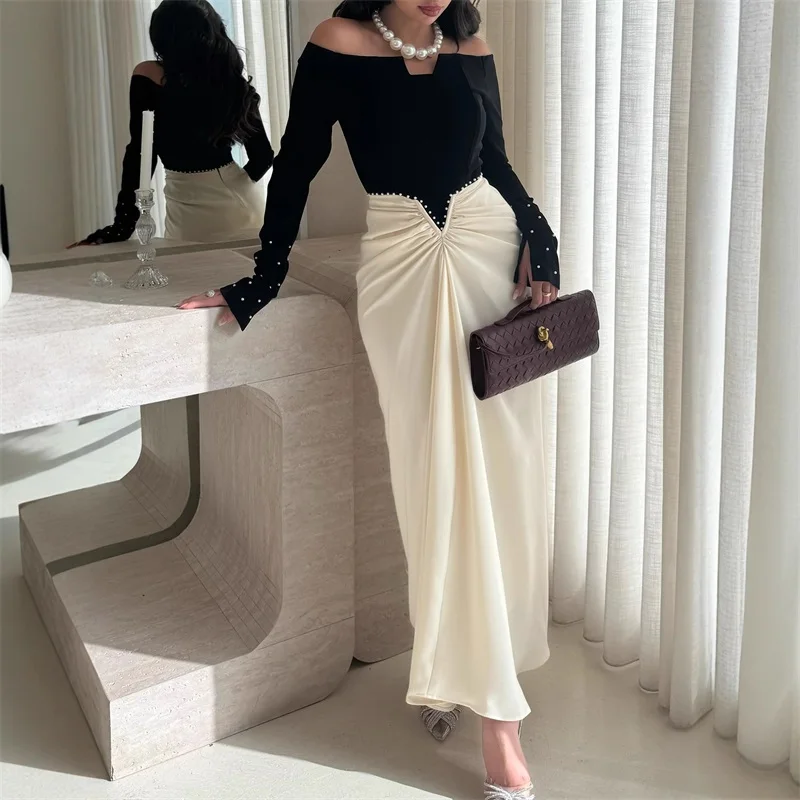 

Pearls White Black Prom Dress Elegant Long Sleeved Off Shoulder Mermaid Party Gown Formal Wedding Guest Birthday Evening Robe