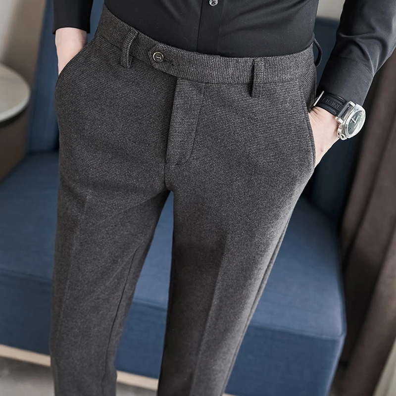 Business Casual Plaid Trousers for Men, Thickened and Warm Wool Material, Slim Fit, Suitable for Autumn and Winter. 28-36