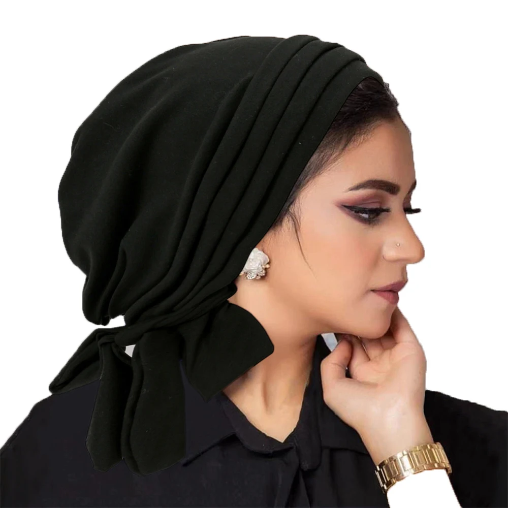 Muslim Women Solid Pre-tied Headscarf Elastic Female Turban Cancer Chemo Hat Hair Loss Cover Head Wrap Headwear Stretch Bandan