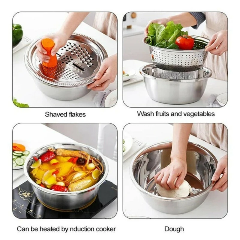 3pcs/ 1set Vegetable Slicer Multifunctional Stainless Steel Vegetable Cutter Fruit Salad Fruit Bowl Drain Basket Kitchen Gadgets