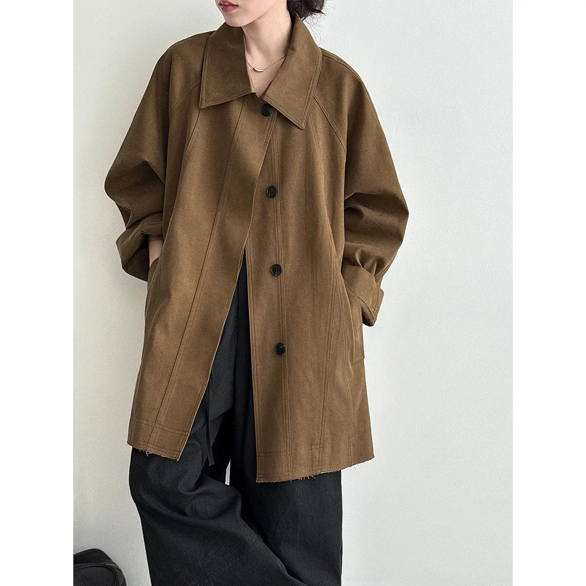 SuperAen Korean Style Loose Vintage Casual Polo Collar Jacket for Women's Autumn New Single Breasted Trench Coats