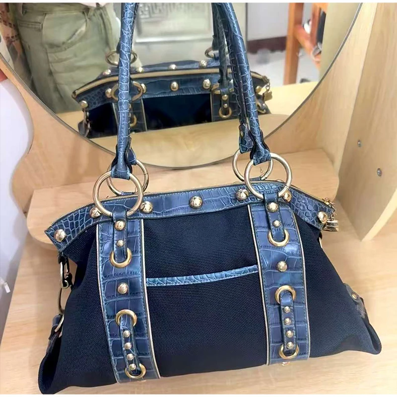 

Сумка-тоут из денима и канваса в стиле Y2K для женщин, с заклепками и кольцами, на плечо, большая вместительная сумка с крокодиловым узором, для повседневного использования