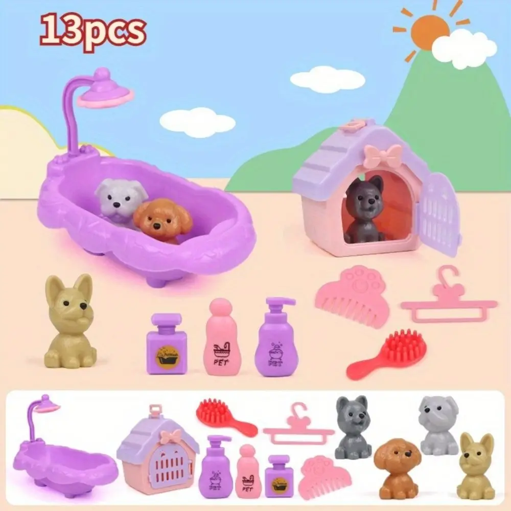 High Quality Cute Mini Puppy Pretend Play Toy Dog Doll Set Animal Dog Pet Basket Toys Kids Toys Visual Senses Dog Cage Toys
