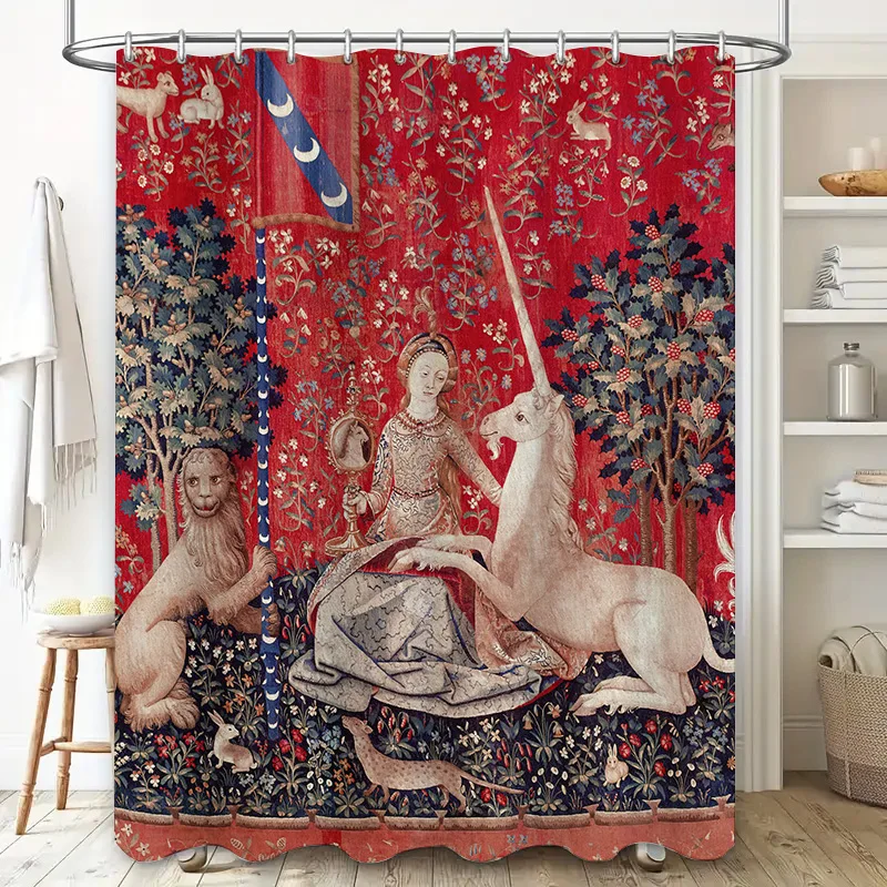 Red Floral Curtain with Medieval Tapestry Design for Bathroom Decor – Luxury Unicorn Bath Rug Shower Curtain Waterproof Home Dec - view 2