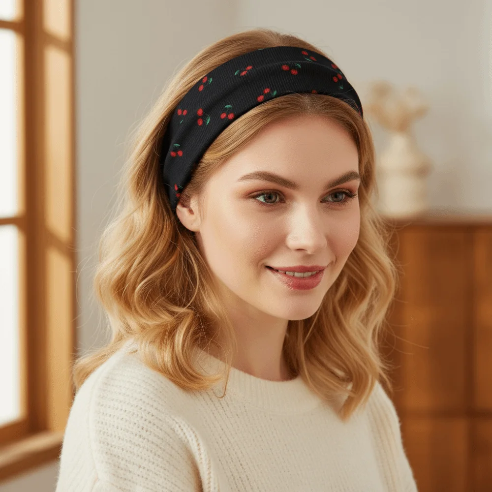 Durable Cherry Print Yoga Headband Elastic Breathable Makeup Headband Soft Hair Accessories Women's Hairband Sports