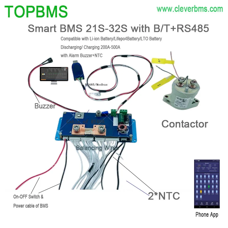 TOPBMS 21S-32S BMS 22S 26S 27S 28S 30S 32S 200A 300A 400A 500A 600A Bluetooth RS485 Modbus Lithium LifePo4 LTO TBattery