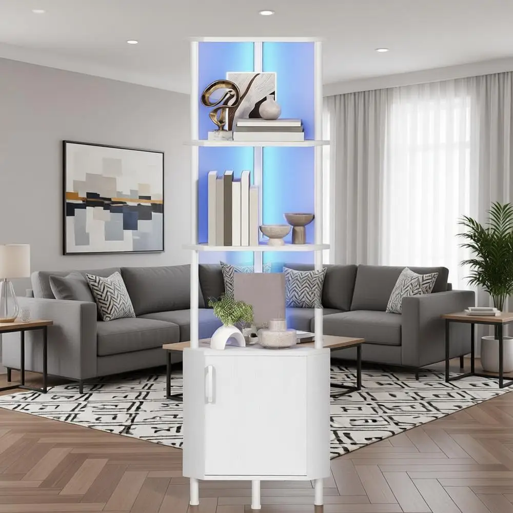

Шкаф со светодиодной подсветкой, стеллаж для хранения, 5-ярусная промышленная книжная полка, 59-дюймовая высокая витрина, для гостиной, кухни, белый цвет