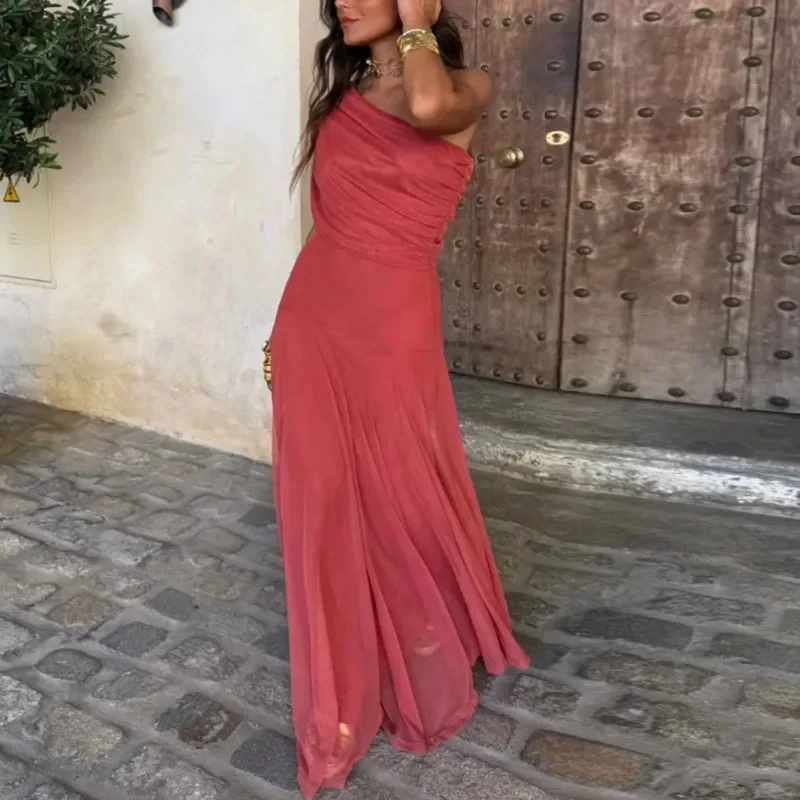 Printemps nouveau creux Slash cou balançoire longue robe femme Sexy épaules nues épissé maille robe de bal été dos nu plissé Maxi robe