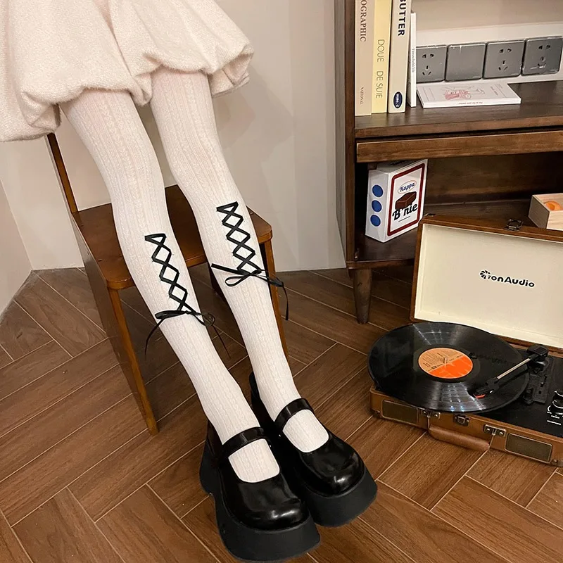 

Lolita Cross-tied Pantyhose Women Retroo Thight Stockings Cosplay Princess Anime Maid White Black Tights JK Fishnet Long Socks