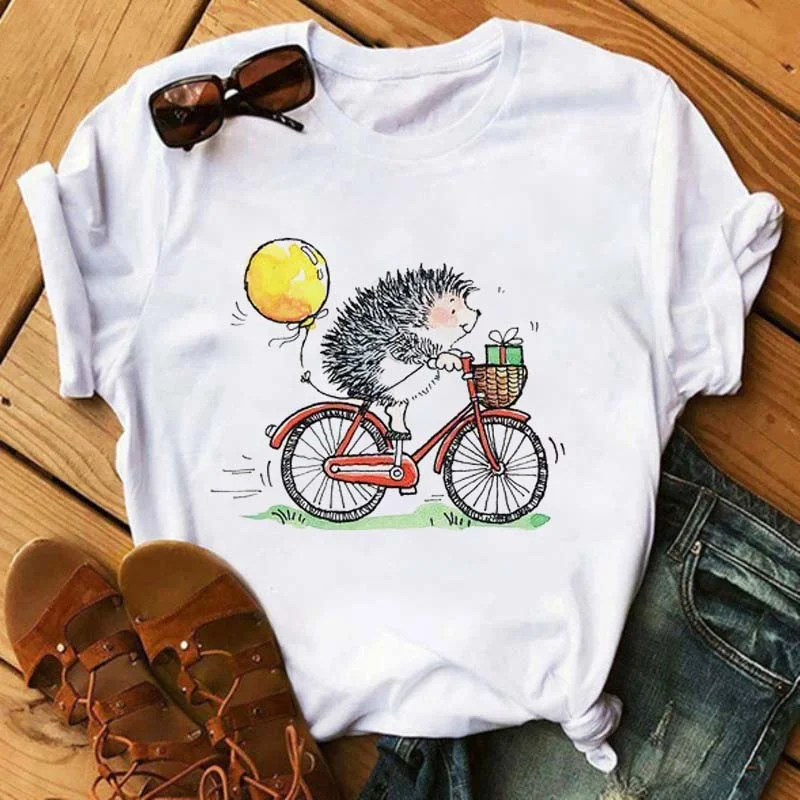 Cute T-shirt Female Hedgehog I Love You Print Tshirt Summer Casual Short Sleeves Tee Tops Kawaii Women Tshirt Streetwear