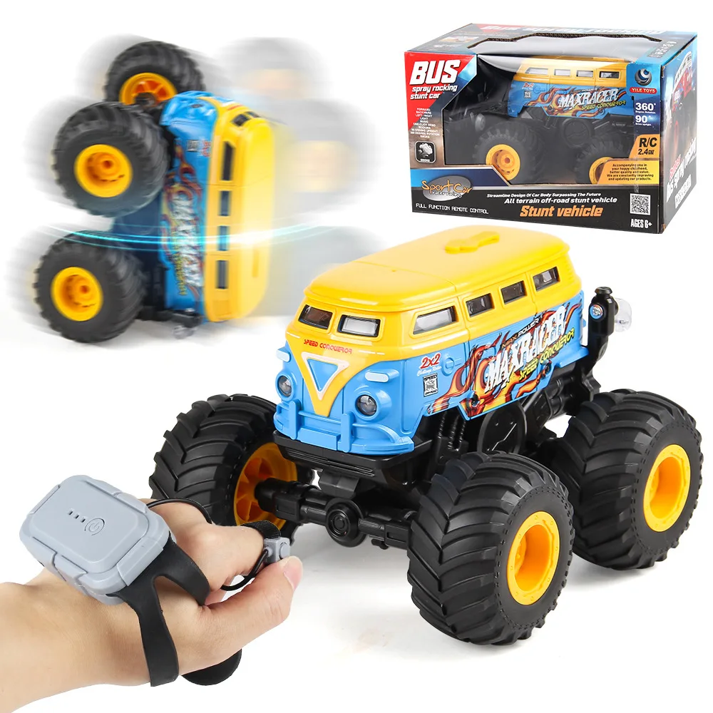RC Off-Road Vehicle Remote Control Bus Toy 2.4G Cool Lights USB Rechargeable Music Sprayer Impact-Resistant  All-Terrain Toy Car