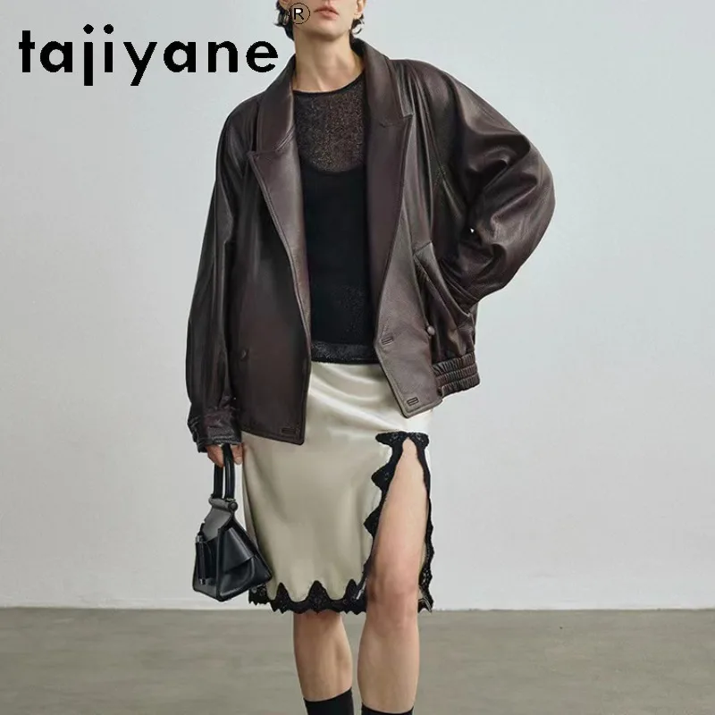 TAJIYANE Genuine Leather Jacket Woman Goatskin Faux Deer Grain Biker Jackets Woman Womens Winter Coats Oversized Overcoat Косуха