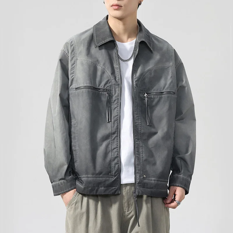 New Men Gradient Gray Streetwear Fashion Loose Casual Outdoor Cargo Jacket Plus Size Coat Cityboy Spring Autumn Outerwear