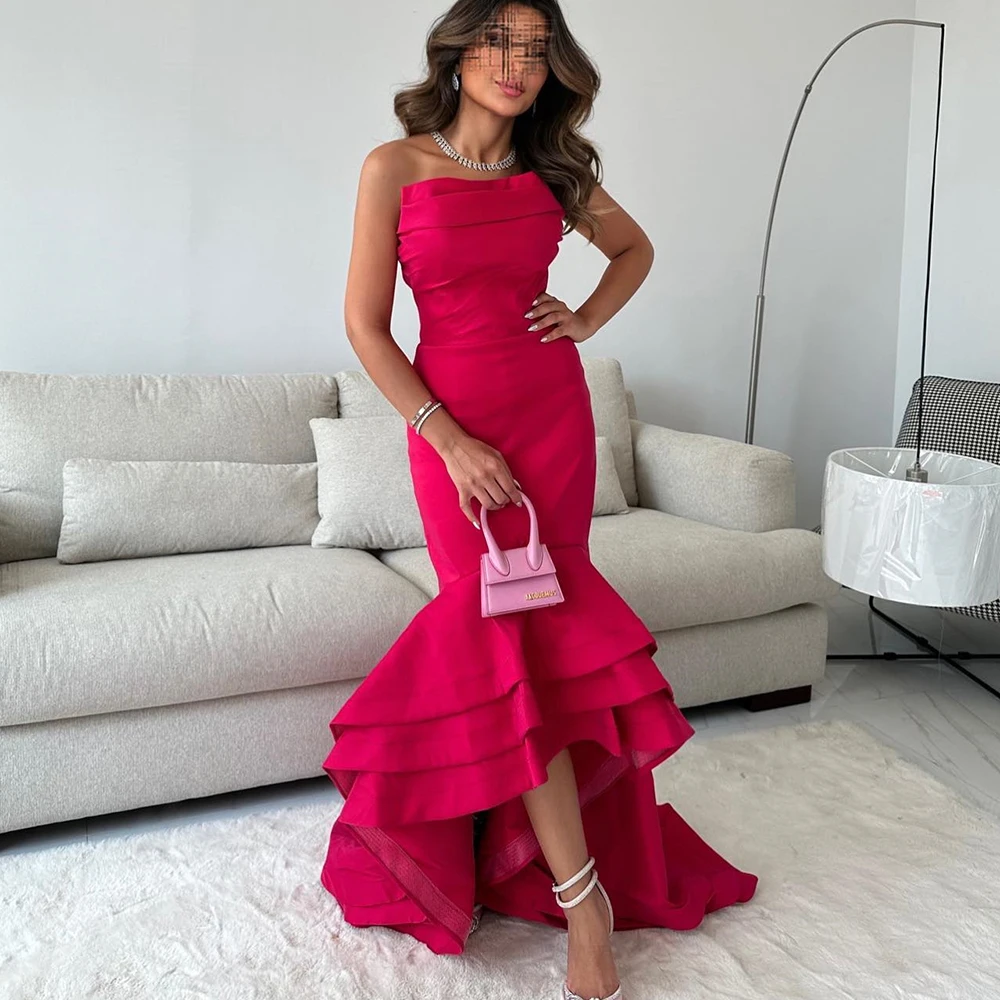 

Dresses For Formal Occasions Sleeveless Satin Strapless Mermaid Floor Length Pleats Tiered Sweep Train Elegant Party Dresses