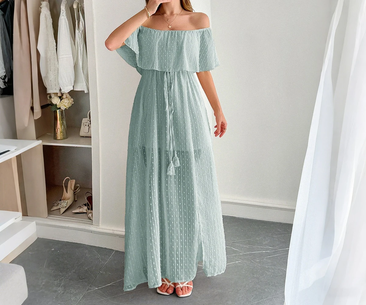 

2025 Summer New Casual and Minimalist Style Off Shoulder Semi Transparent Slim Fit Long Skirt Dress