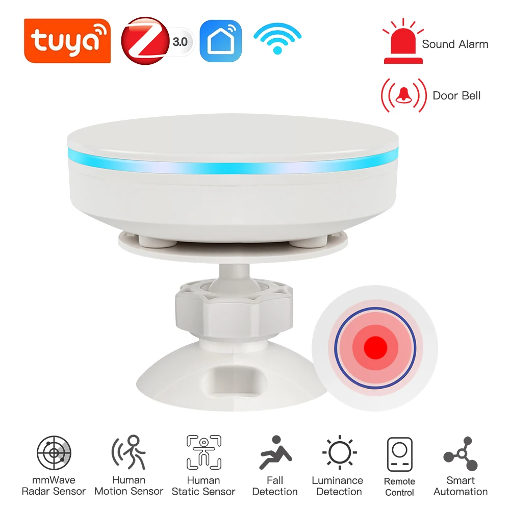 Sensor de Pressão Humana WiFi, ZigBee 3.0, Radar MMwave 24G com Alarme de Sirene, Detecção de Movimento Lux, Tuya Smart Life, Automação Residencial,