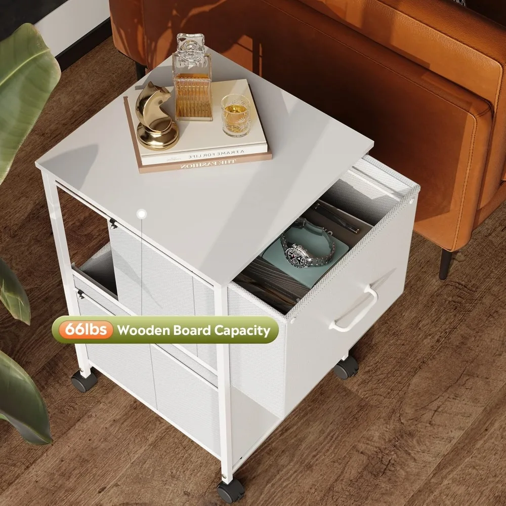 خزانة ملفات متنقلة ذات درجين مع حامل طابعة دوارة ورف تخزين مفتوح، مناسبة لملفات بحجم A4 أو الحروف