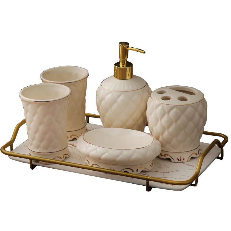 Ceramic Bathroom Five Set Gold Supplies Accessories Tray Lotion Bottle Soap Dispensing Bottles Porcelain Cup