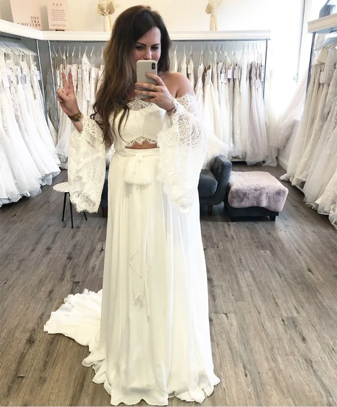 Bohemian Wedding Dress Two Pieces 2 Boho Lace Bridal Gowns Gorgeous Rustic Half Sleeve Flare Sweep Train New Customized Charming