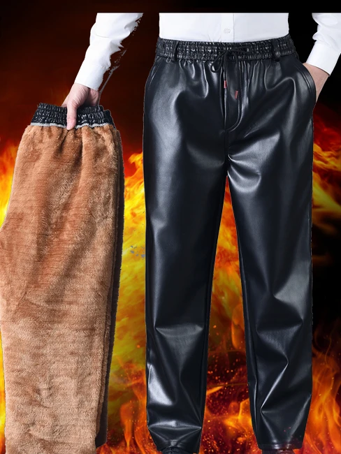 

Men's Winter Fce Lined Thiened Warm Windproof Straight Leg Elastic Waist Leather Cotton Motorcycle Riding Pants