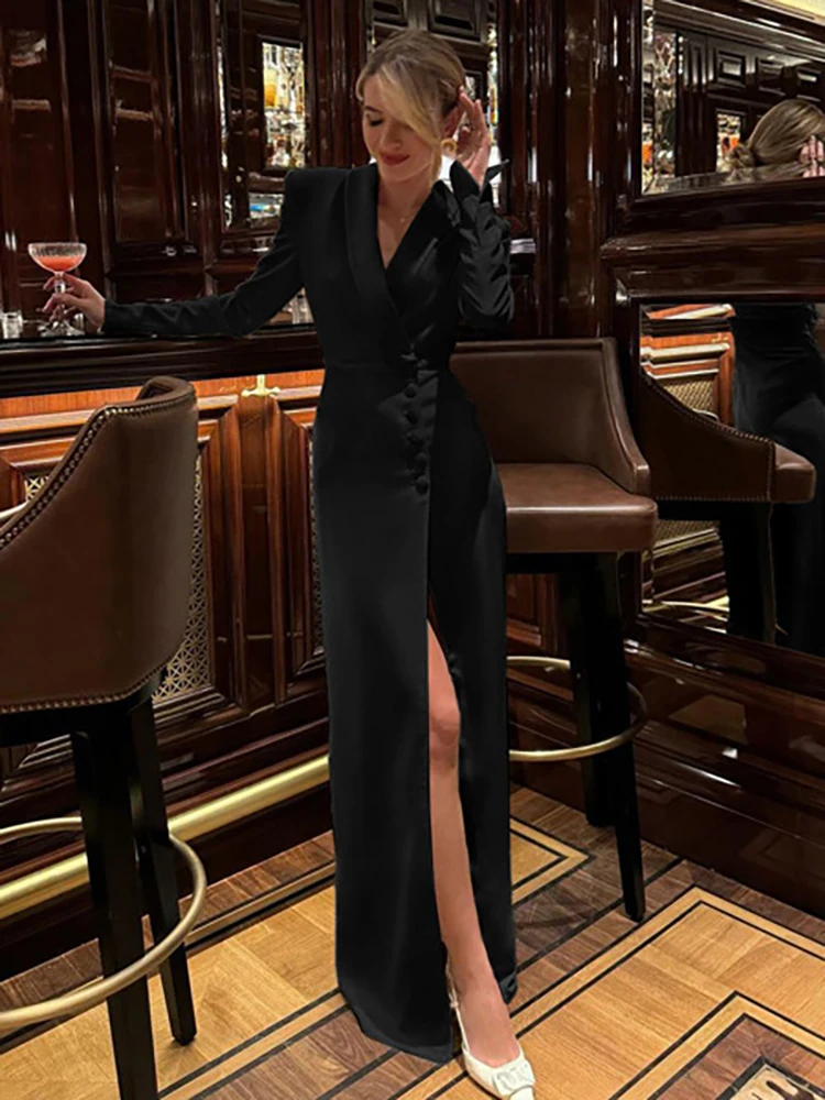 JULISSA MO Sexy V-neck High Slit Button Women Maxi Dress Black Long Sleeve Evening Dress Female Winter Slim Elegant Party Dress