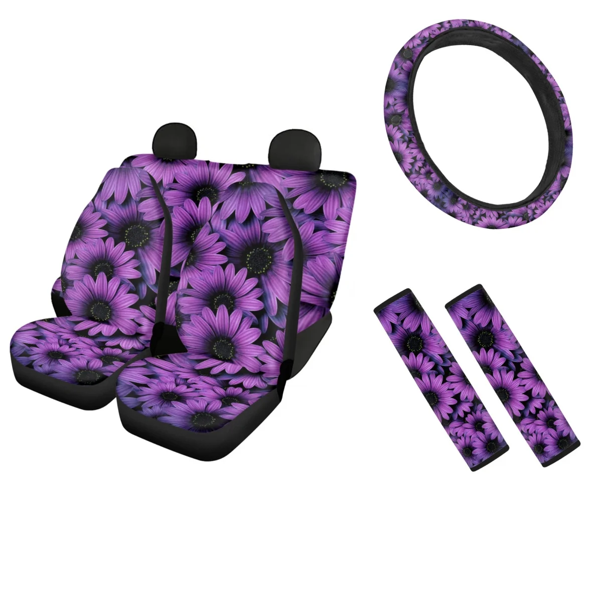 

Midnight Daisies Print Design Set of 4 Vehicle Seat Covers Washable Steering Wheel Protection Comfortable Car Seat Belt Covers