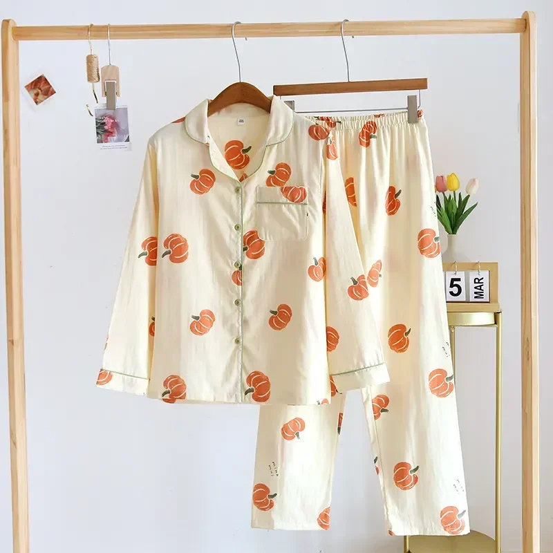 Conjunto de pantalones dobles de algodón con estampado fino para mujer, cárdigan de capa para mujer, manga de gasa, Pijama largo con calabaza, cómodo