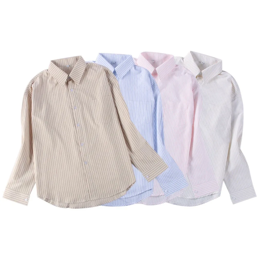 Women Striped JK Shirt, College Style Loose Long Short Sleeve School Uniform for Graduation Photo Campus Daily Casual Wear
