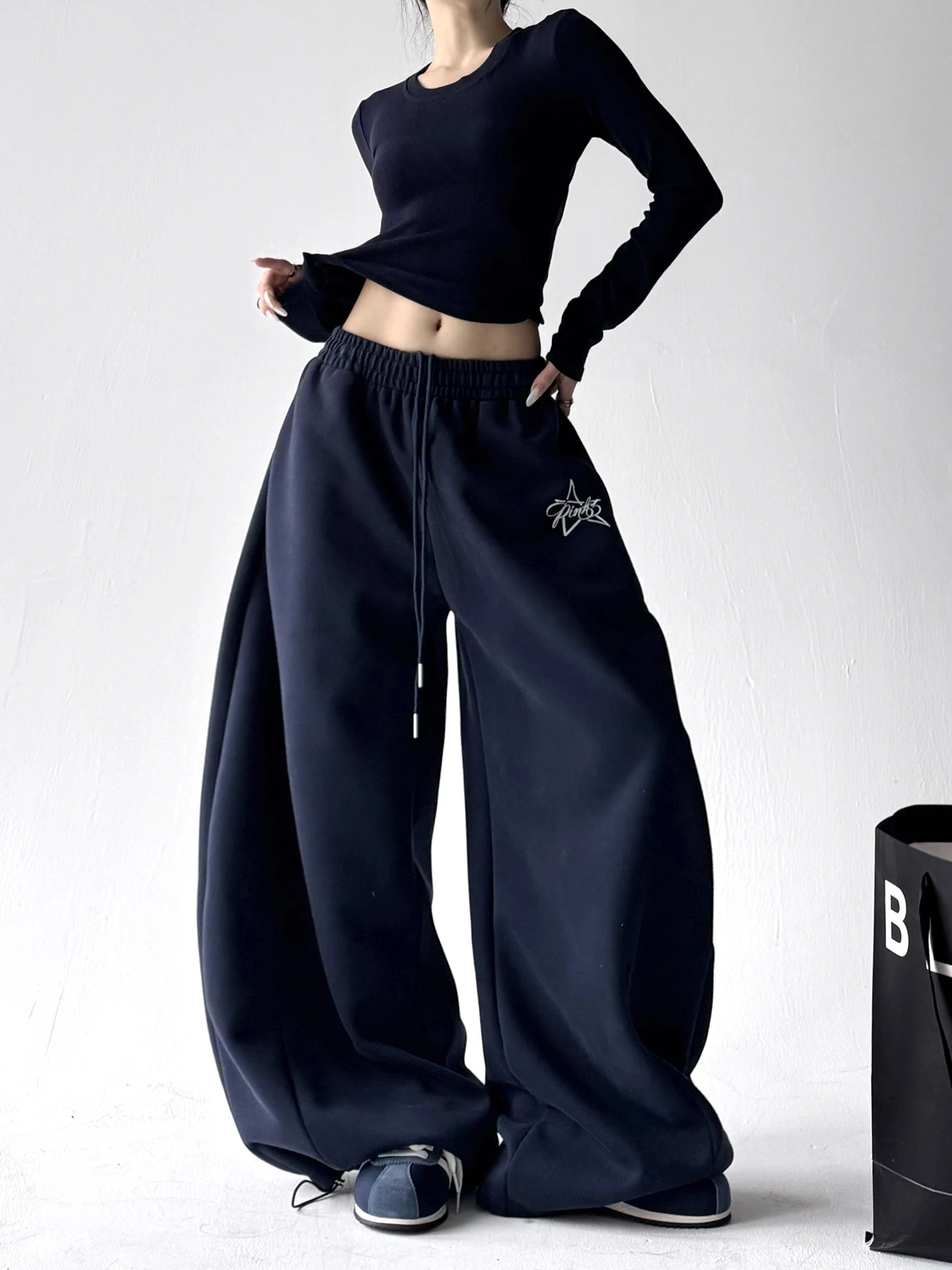 فضفاض كسول Sle واسعة الساق السراويل الرياضية المرأة k الأزرق بناطيل كاجوال Faionable كل مباراة شتاء وصول جديد #3