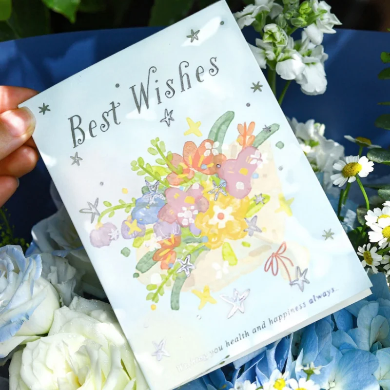 

4Pcs Foil-Stamped Greeting Card Set with Floral Arrangements Watercolor Floral Illustration Birthday Gift Decor Handwritten Card