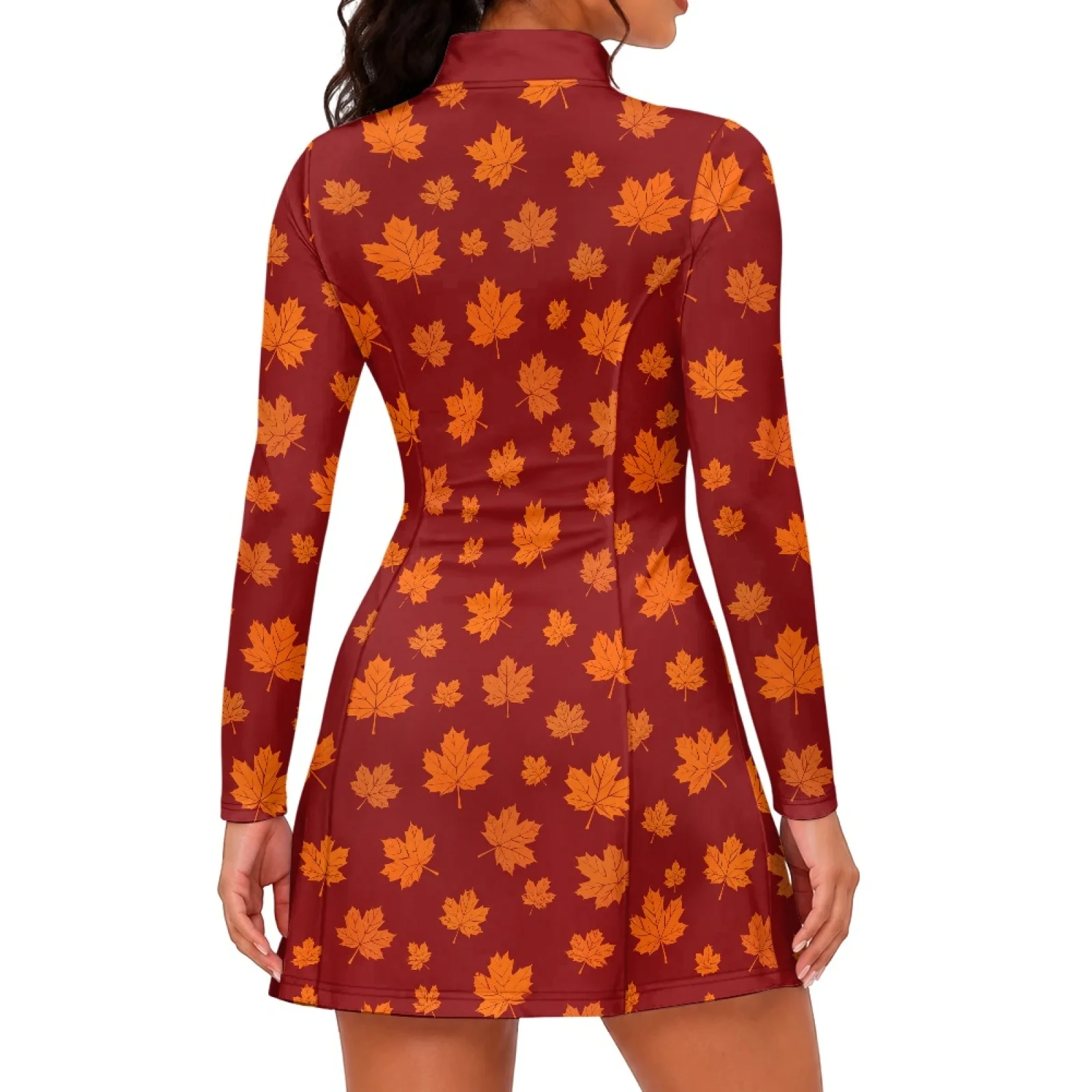 PENSTROLL Maple Leaf Print 2 Piece Sets Workout Athletic Dress Breathable Zipper Pockets Long Sleeve Golf Dress for Pickleball