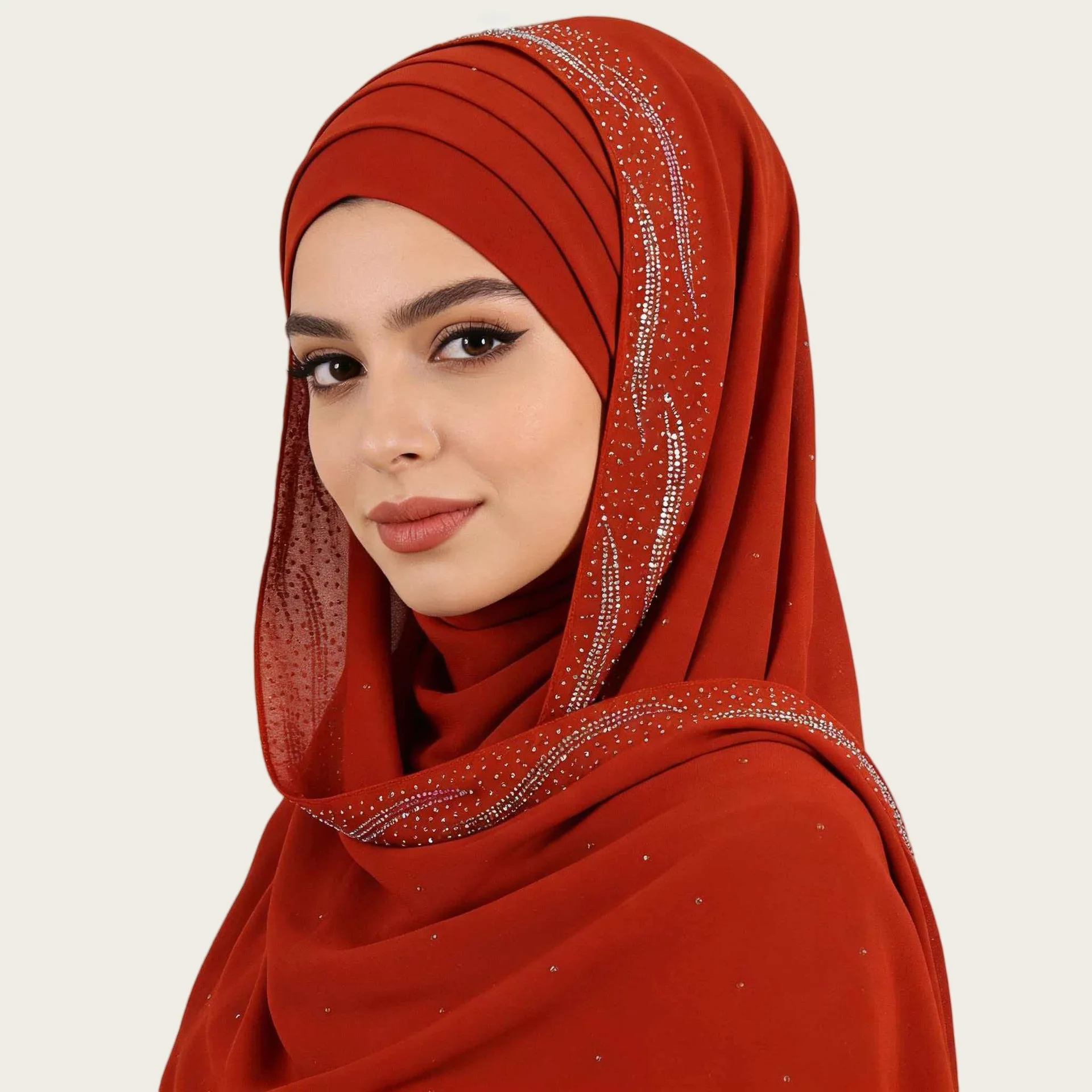 Women s Boho Chiffon Long Scarf Shawl Rhinestone Pearl Embellished Solid Plain Headscarf Wrap for Daily Fashion