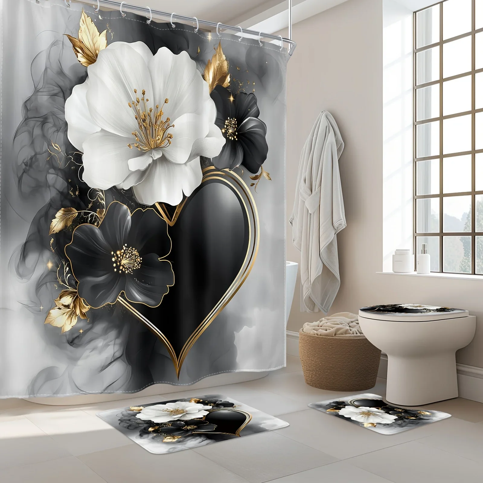 Abstract Love Heart Floral Shower Curtain Set - 1/4 Piece, Black Platinum, Modern Minimalist Aesthetics, Non-slip, with Hook