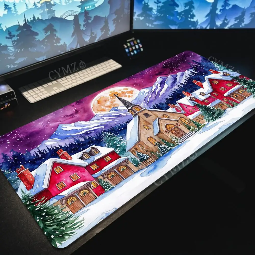 

Romantic Christmas Town large Mouse Pad Desk Mat Gaming mats Non-Slip Stitched Edge office rug Mouse carpet Extended pad mauspad