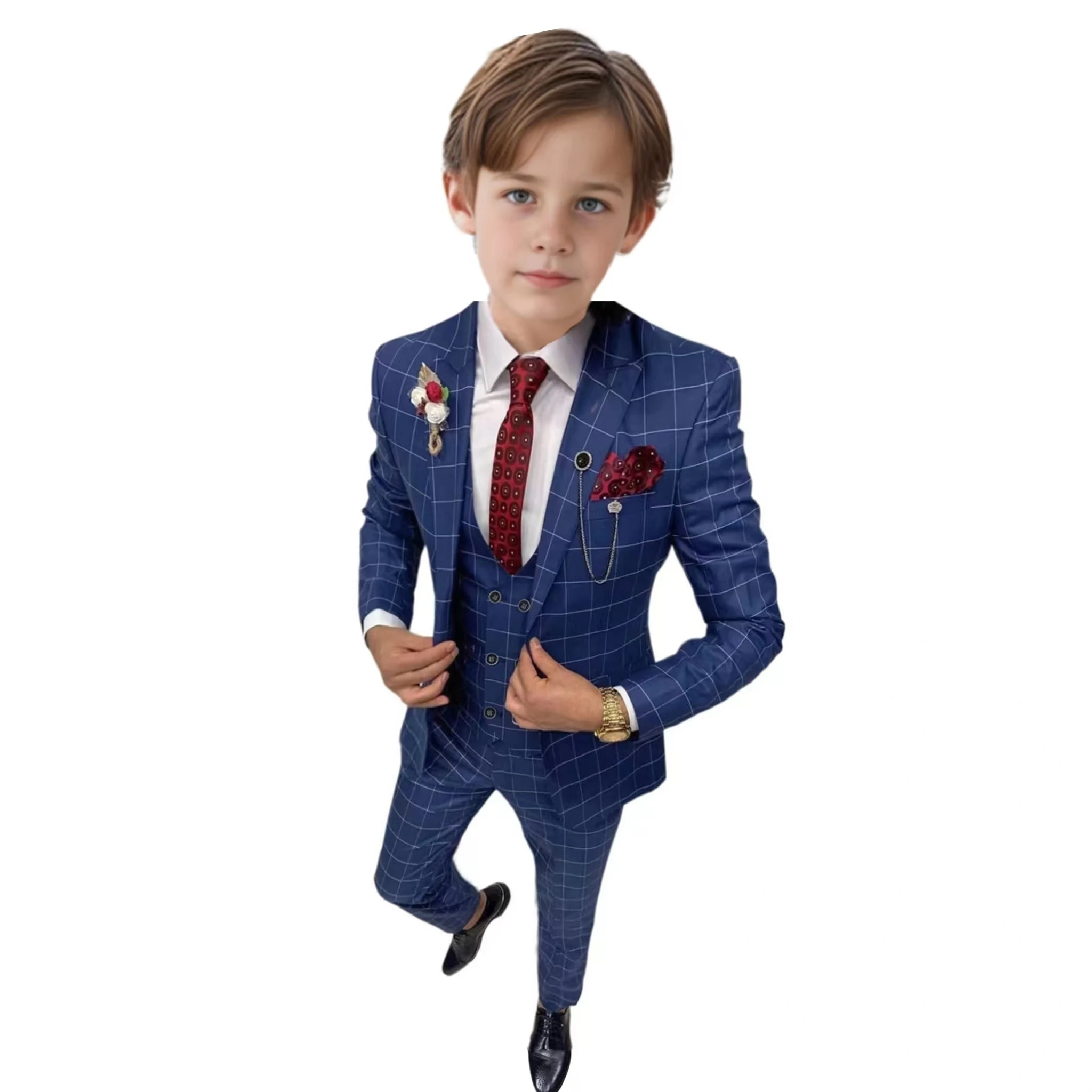 2024 New Classic Tuxedo For Boys One Button Plaid Suit 3 Piece Jacket Vest Pants Wedding Formal Party  Set  Wedding Prom Suits