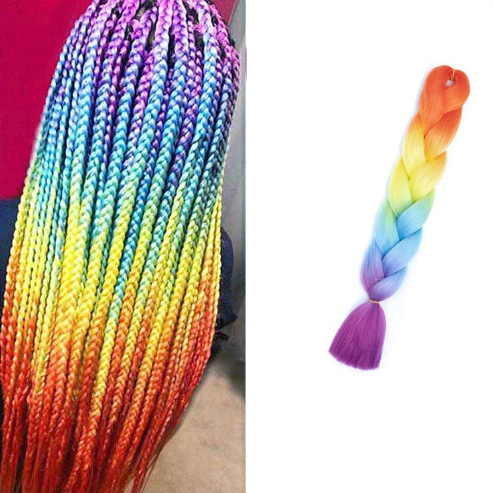 Syntetyczne doczepy do włosów 24-calowe warkocze Ombre Jumbo na szydełkowe warkocze Twist Box Rainbow Colorful Kanekalon Halloween