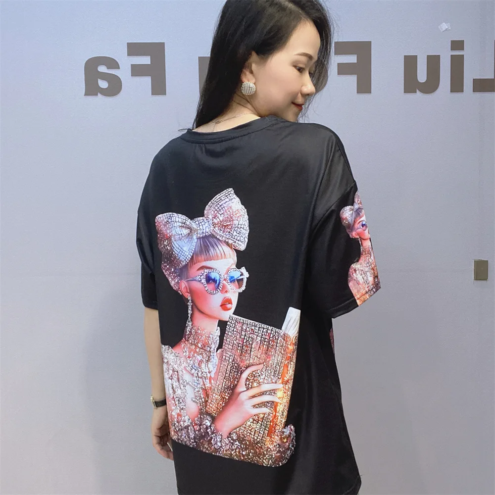 2025 New Summer Loose Women Short Sleeve T-shirt Cartoon Diamond O-neck Pullover Top All-match Mid-long Hot Drilling Casual Tees