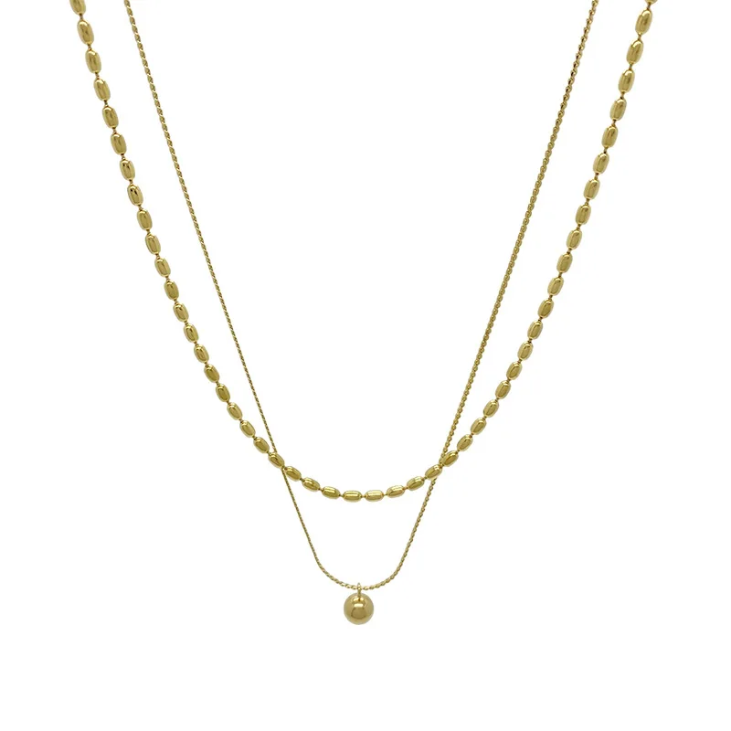ANENJERY 316L Stainless Steel Double Layer Round Beads Pendant Necklace for Women Fashion Temperament Jewelry Accessory