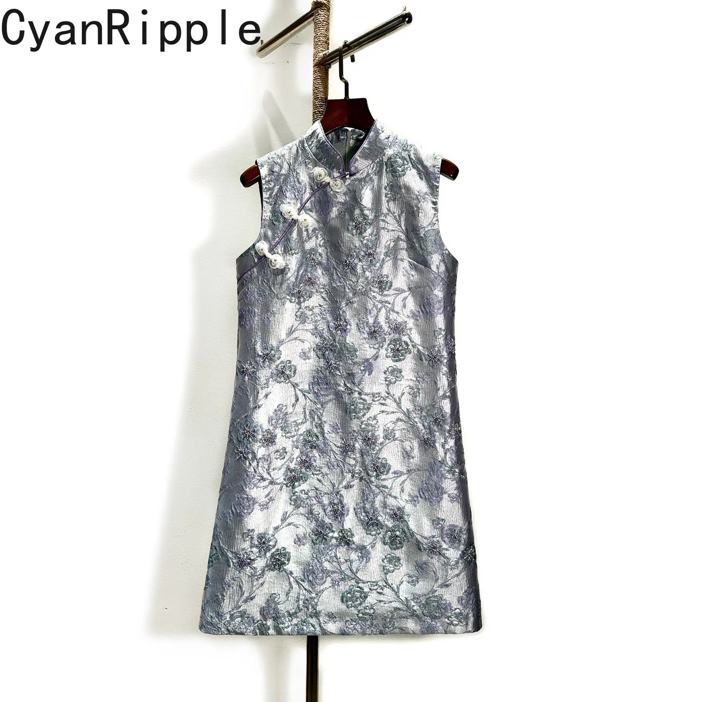 

High Quality Vintage Stand Collar Embroidery Jacquard Cheongsam Dress Elegant Lady Diamonds Beads Sleeveless Short A-line Dress
