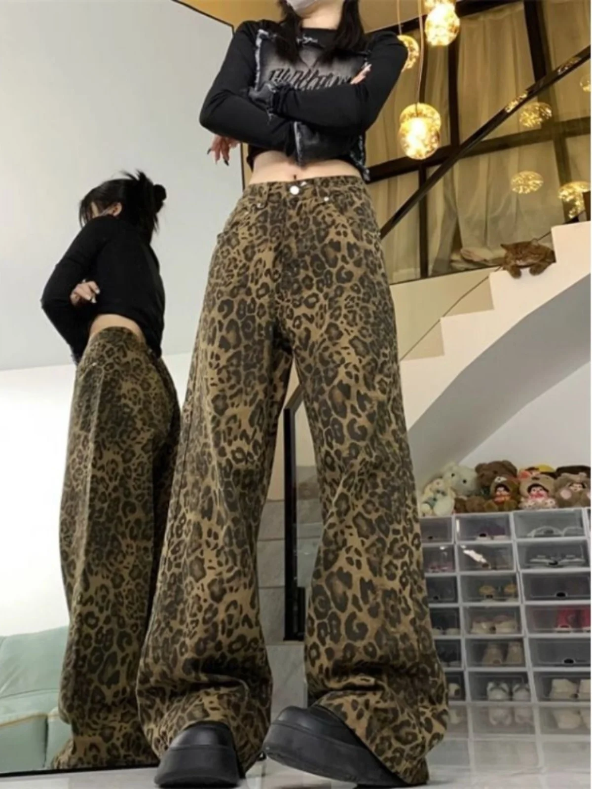 Calças Jeans de Perna Larga com Estampa de Leopardo Retro Americana, Cintura Alta, Ajuste Solto, Crimento até o Chão para ...