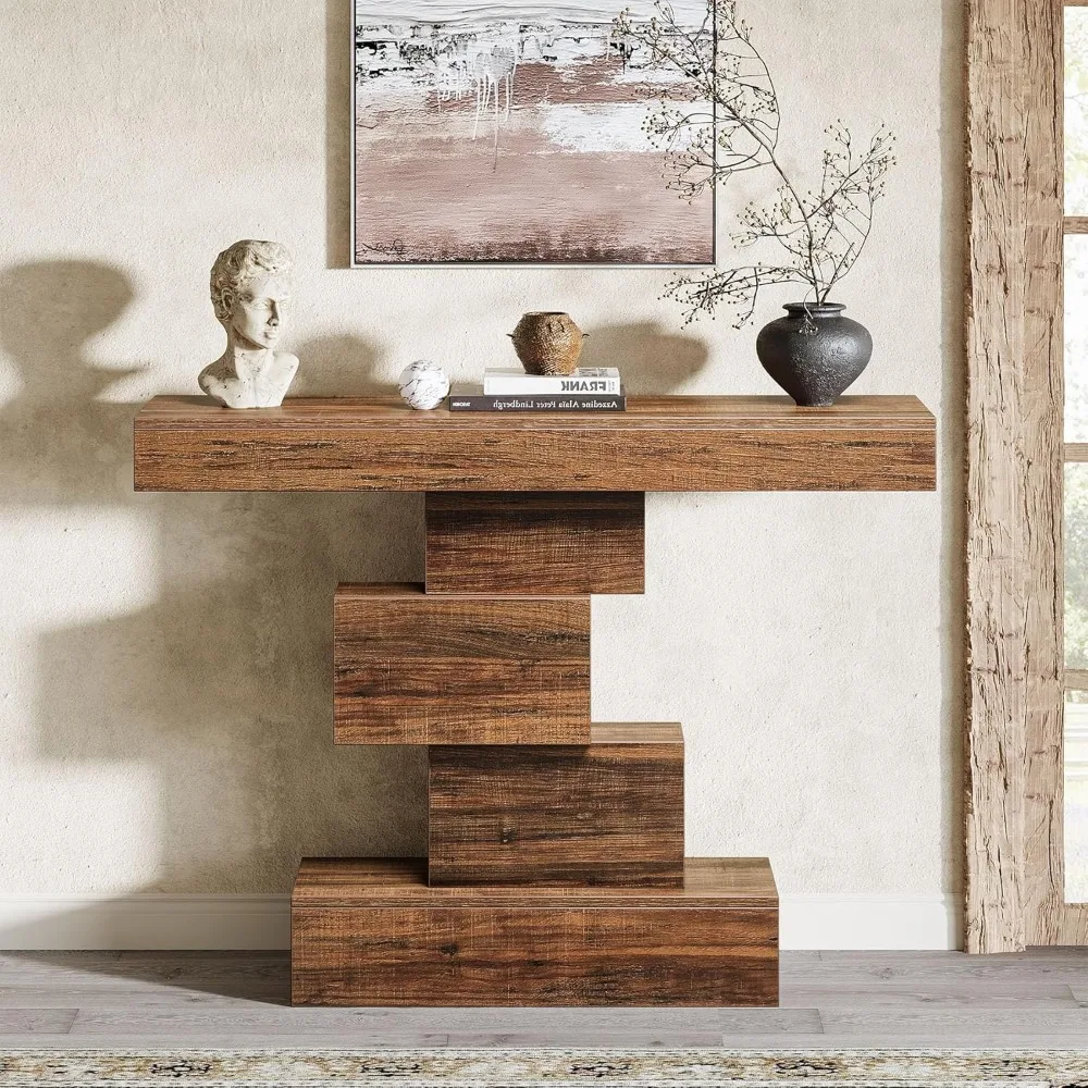 42.5 Farmhouse Console Table, Narrow Wood Sofa Table Behind Couch with Geometric Base, Industrial Entryway Accent Tab