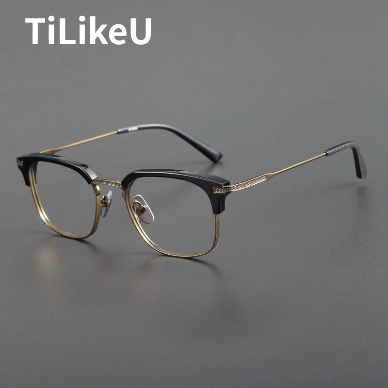 

Vintage Eyebrow Rim Pure Titanium Square Eyeglasses Frame Business Men's Large Frame Myopia Hyperopia Reading Glasses Frame Male