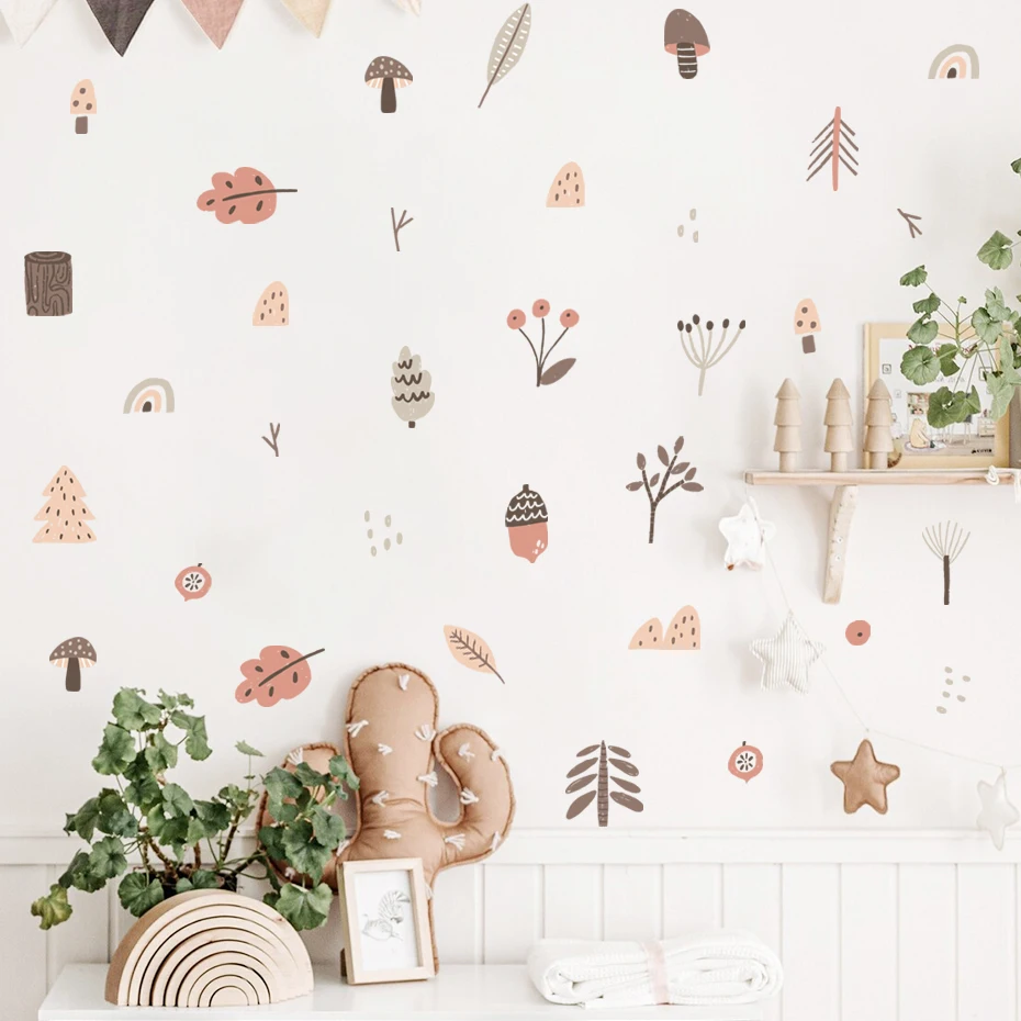 

Boho Pink Woodland Branches Leaves Mushrooms Vinyl Wall Sticker Removable Decals Kids Nursery Baby Bedroom Home Decoration
