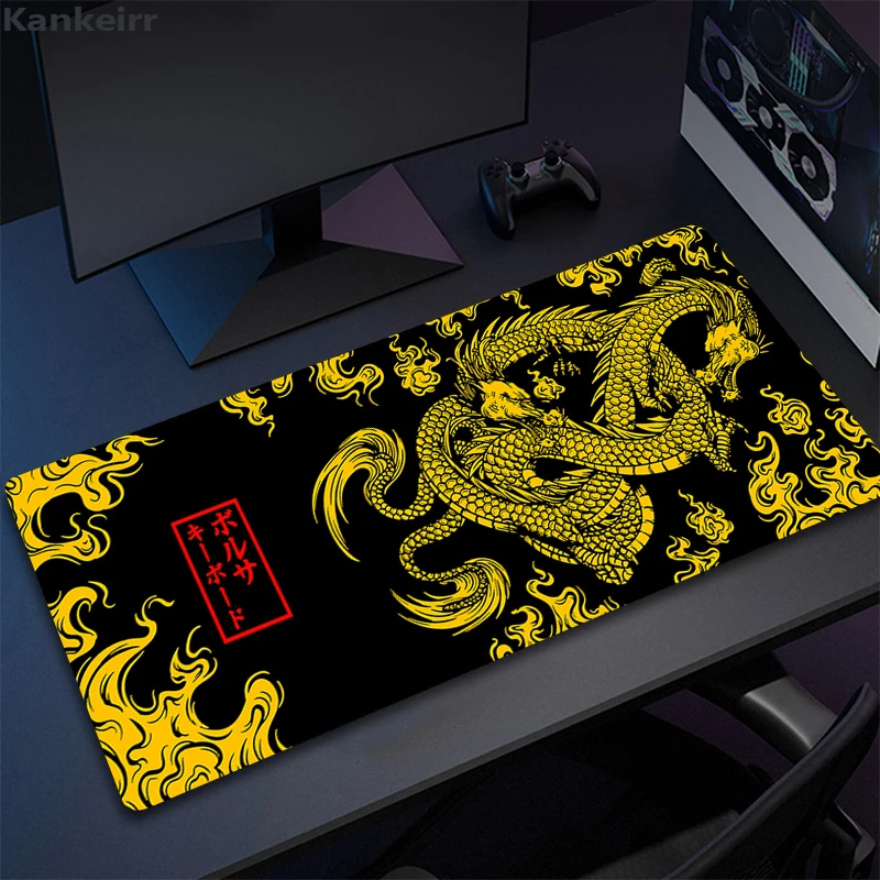 Alfombrilla de ratón para Gaming, alfombrilla grande de dragón japonés XXL para teclado de Gamer en la mesa, alfombrilla de escritorio de velocidad, alfombrillas de ratón amarillas de Anime 700x300
